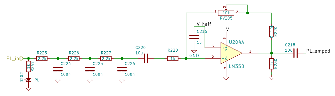 Three-stage passive RC filter and inverting OpAmp circuit.